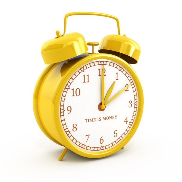 Reloj despertador de estilo retro dorado con tiempo es señal de dinero aislado en blanco
 - Foto, Imagen