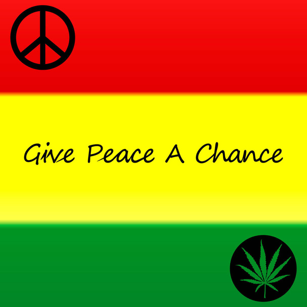 Images of the colors of the hippie flag with a badge, cannabis and a slogan. Vector illustration. - Vetor, Imagem