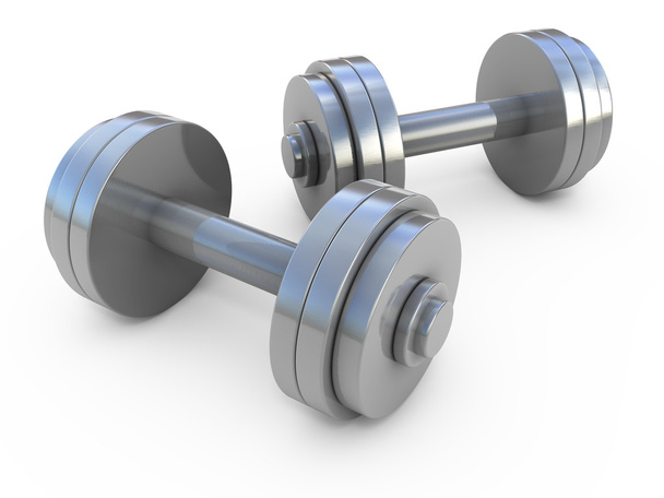 Chromed fitness exercise equipment dumbbells weight isolated on white - 写真・画像