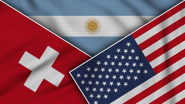 Argentyna Stany Zjednoczone Ameryki Szwajcaria Flagi Razem Fabric Texture Effect Illustration - Zdjęcie, obraz