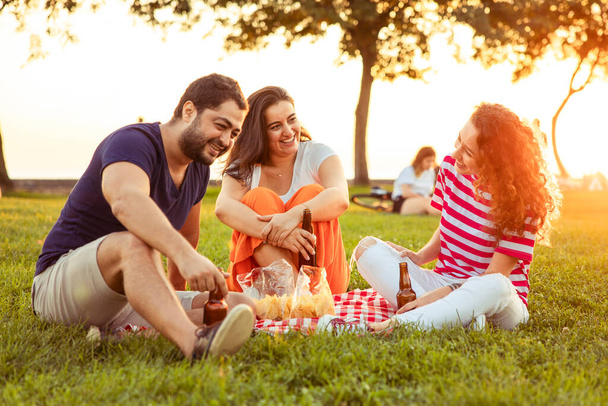 Three beautiful friends sitting in the park, laughing and having a great time - 写真・画像