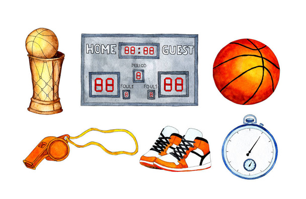 Basket kupası, top, kronometre, skor tabelası, ıslık ve spor ayakkabıları. Basketbol oynamak için bir takım ekipman. Beyaz arka planda izole edilmiş. Elle çizilmiş.. - Fotoğraf, Görsel