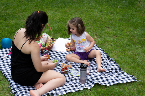 holčička a její sestra hrají hry a mají piknik v zahradě - Fotografie, Obrázek