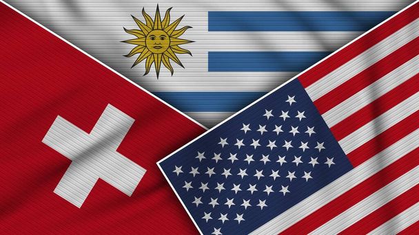 Urugwaj Stany Zjednoczone Ameryki Szwajcaria Flagi Razem Efekt tekstury tkaniny Ilustracja - Zdjęcie, obraz