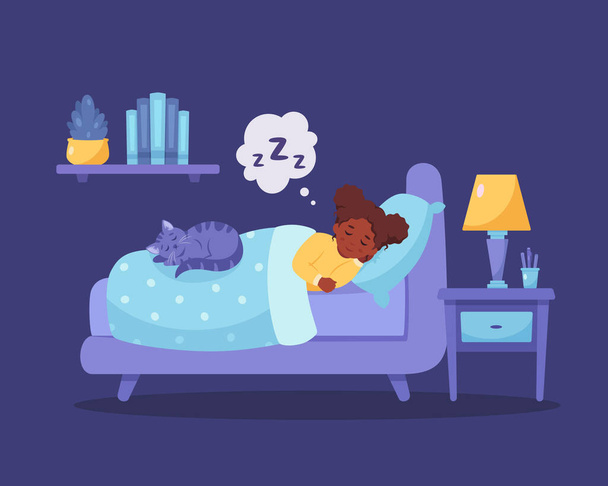 猫と寝室で寝ている黒人の少女。健康な睡眠。ベクターイラスト - ベクター画像