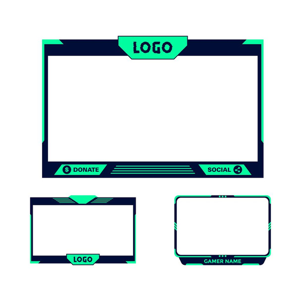 Gaming overlay stylish design for live streamers. Green and black color overlay frame design for gamers. Collection of three stylish gaming overlay frame designs. - Wektor, obraz