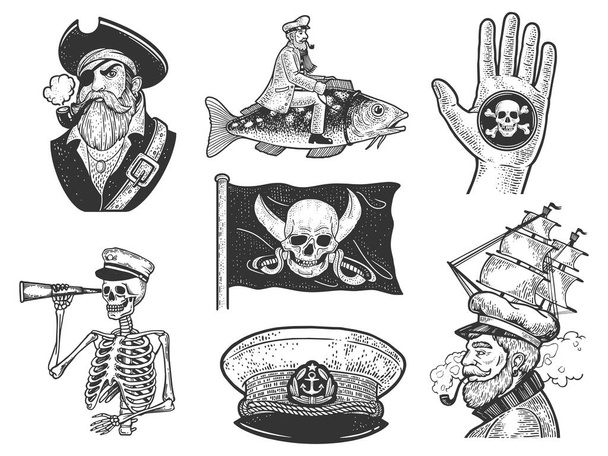 Pirate sea wolf set sketch engraving vector illustration. T-shirt apparel print design. Scratch board imitation. Black and white hand drawn image. - Vector, imagen