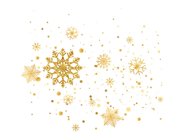 Snowflakes golden composition. Christmas gold celebration banner. Snow fall border. Winter design. Happy New Year card. Holiday background. Season greeting. Glitter luxury card. Vector illustration - Вектор,изображение