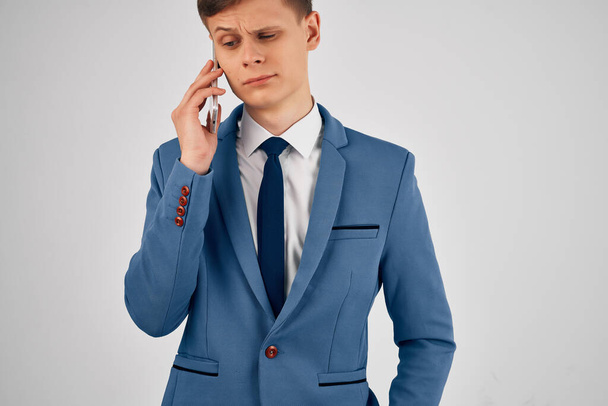 business man in suit with telephone communication official light background - Zdjęcie, obraz