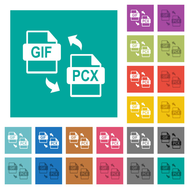 GIF PCX-bestand conversie multi gekleurde platte pictogrammen op platte vierkante achtergronden. Inclusief witte en donkerdere icoon variaties voor zwevende of actieve effecten. - Vector, afbeelding