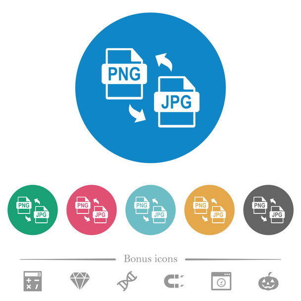 PNG JPG bestand conversie platte witte pictogrammen op ronde kleur achtergronden. 6 bonus symbolen opgenomen. - Vector, afbeelding