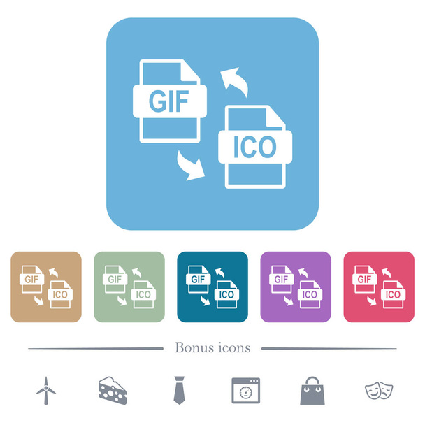 GIF ICO bestand conversie witte platte pictogrammen op kleur afgeronde vierkante achtergronden. 6 bonus symbolen opgenomen - Vector, afbeelding