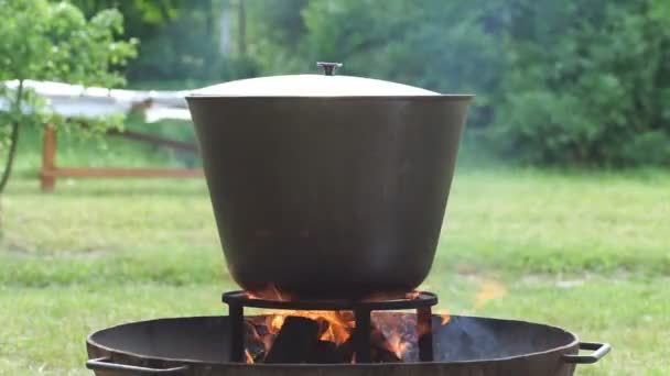 Velký kotel nad vysokým teplem pro přípravu velkého množství teplého jídla. Vysoká teplota ohně velmi ohřívá kovové talíře - Záběry, video