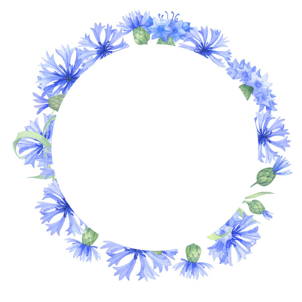 Round frame with blue cornflower flowers, a wreath of summer field grasses and leaves. watercolor illustration with summer herbs, meadow flowers. Floral frame - Foto, Imagem