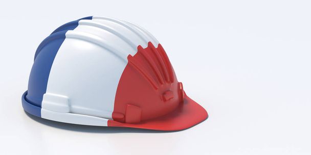 Hardhat French flag isolated on white color background. Construction industry safety in France. 3d illustration - Photo, Image