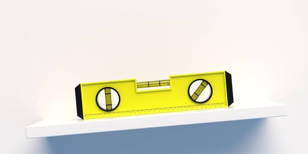 Żółty kolor poziom narzędzie dla budownictwo, stolarz technika, kopia przestrzeń, szablon. Poziom spirytusu lub bąbelków na półce ze skośną ścianą izolowanej na białym tle. Ilustracja 3D - Zdjęcie, obraz
