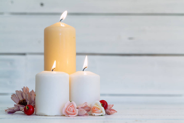 home lighting candles on wooden table - Photo, Image