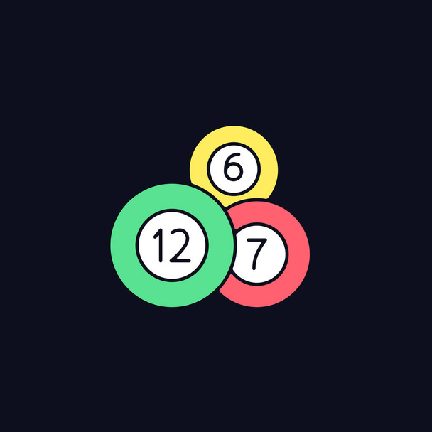 Lottery balls RGB color icon for dark theme. Random number combinations. Bearing possible winning number. Isolated vector illustration on night mode background. Simple filled line drawing on black - ベクター画像