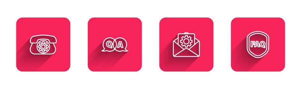 Set line Telephone, Question and Answer, Envelope setting and Shield with text FAQ with long shadow. Red square button. Vector - Vector, Image