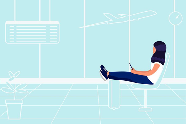 Mujer joven está sentada cerca de la ventana en el aeropuerto y mirando en el avión de partida Turista de viajes con equipaje en la ventana del aeropuerto Concepto de ilustración vectorial - Vector, imagen
