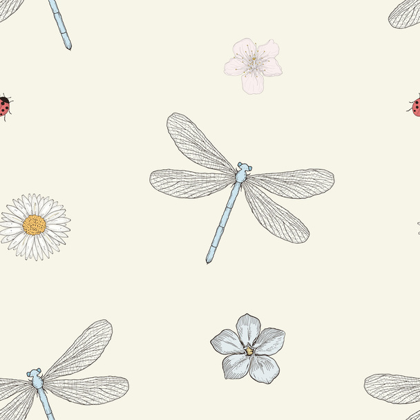 dragonfly and flowers seamless pattern - Vector, Image