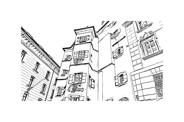 Vytisknout Pohled na budovu s orientačním bodem Innsbruck je město v Rakousku. Ručně kreslená kresba ilustrace ve vektoru. - Vektor, obrázek