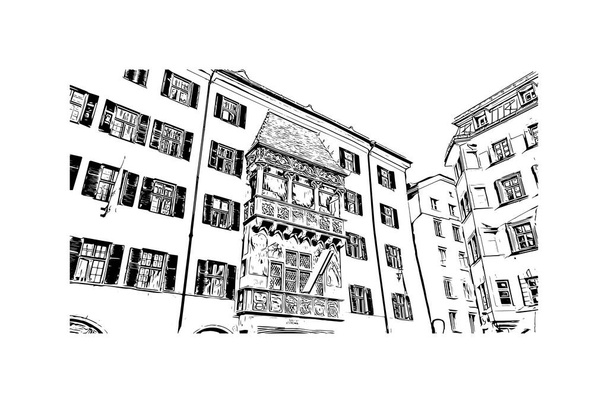 Drukuj Widok budynku z zabytkiem Innsbrucka to miasto w Austrii. Ręcznie rysowany szkic ilustracji w wektorze. - Wektor, obraz