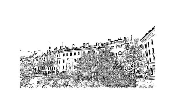 印刷インスブルックのランドマークとビルの景色はオーストリアの街です。手描きのスケッチ図ベクトル. - ベクター画像