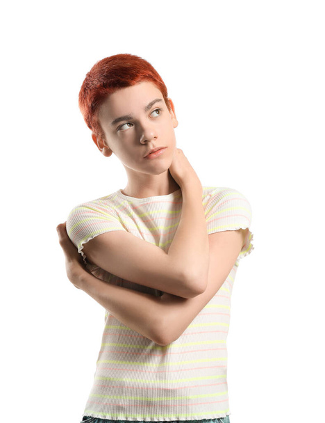 Portrait if non-binary teenager on white background - Fotó, kép