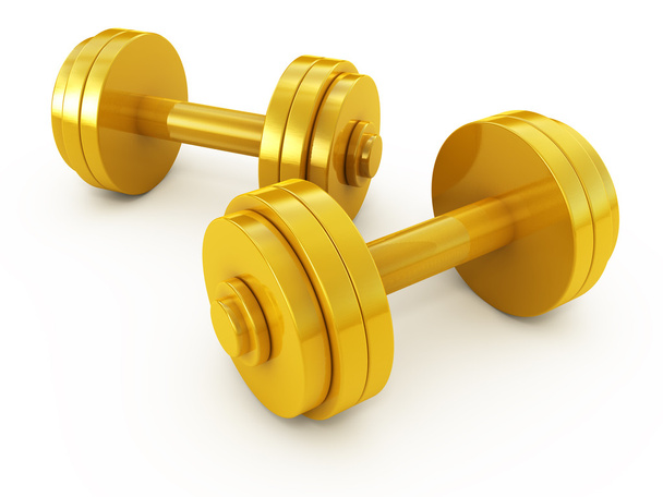 Golden fitness exercise equipment dumbbells weight isolated on white - Photo, Image