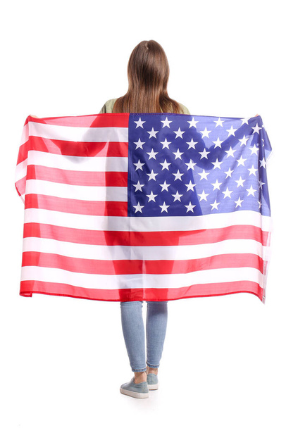 Young woman with USA flag on white background. Memorial Day celebration - Photo, Image