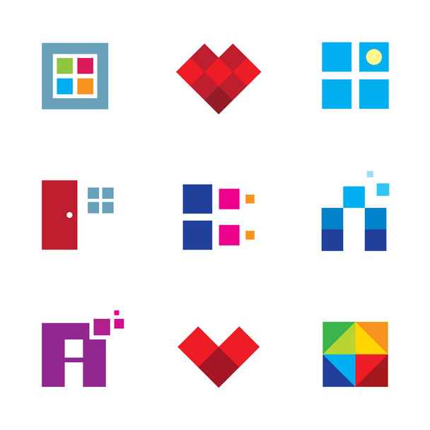Criativo pixel cubo porta janela oportunidade dimensão logotipo ícone definido
 - Vetor, Imagem