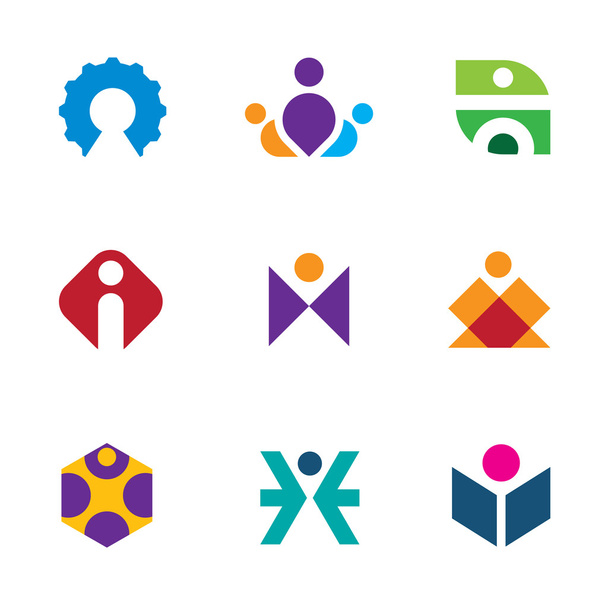 Persone strumenti creativi di innovazione icona set labirinto costruzione logo
 - Vettoriali, immagini