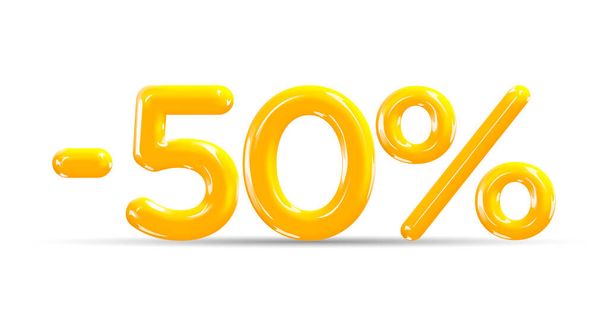 50 percent Off. Discount creative composition of golden or yellow balloons. 3d mega sale or fifty percent bonus symbol on white background. Sale banner and poster. Vector illustration. - Vector, Image