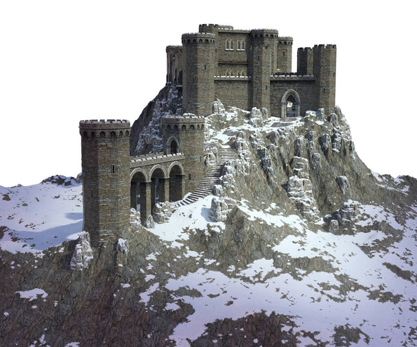 CGI Talvi Keskiaikainen linna lunta Craggy Mountain - Valokuva, kuva