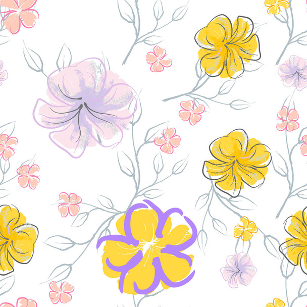 Pink Flowers Blooming Pattern. Pastel Watercolor Floral Print. Little Pink, Yellow, Lilac flower on grey leaf. Elegant brush Background. Seamless Botanical Vector Surface. Texture For Fashion Prints. - Vektor, Bild