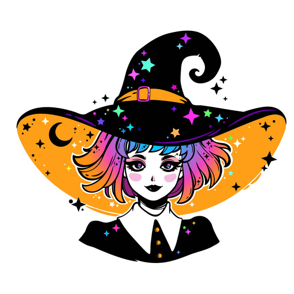 όμορφη μάγισσα σε ένα κλασικό καπέλο και χρωματιστά μαλλιά - Διάνυσμα, εικόνα