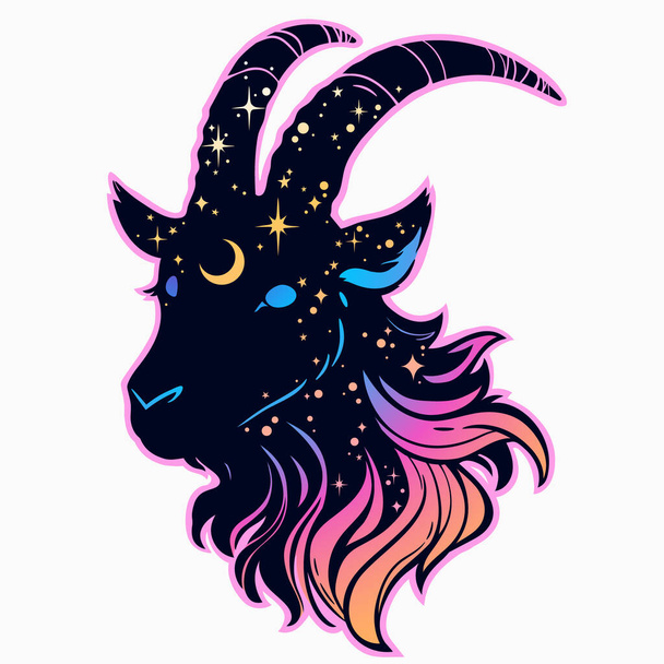 tête de chèvre dans une palette multicolore lumineuse avec des motifs cosmiques - Vecteur, image