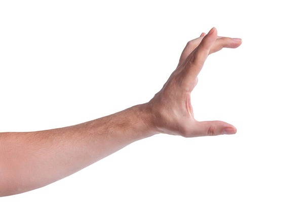 Male hand showing size or holding something gesture isolated on white background - Photo, Image
