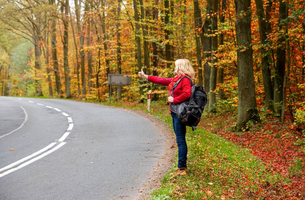 Mladá dívka stojí na silnici a snaží se zastavit auto - Fotografie, Obrázek