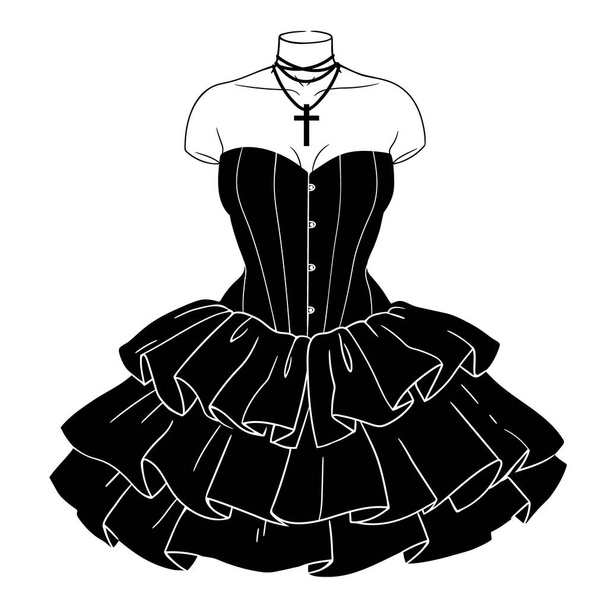 Zwarte gotische jurk met gezwollen ruches - Vector, afbeelding