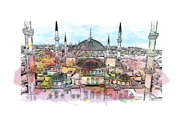 Tisk Pohled na budovu s orientačním bodem Istanbulu je významným městem v Turecku. Akvarelové stříknutí s ručně kresleným náčrtem ilustrace ve vektoru. - Vektor, obrázek