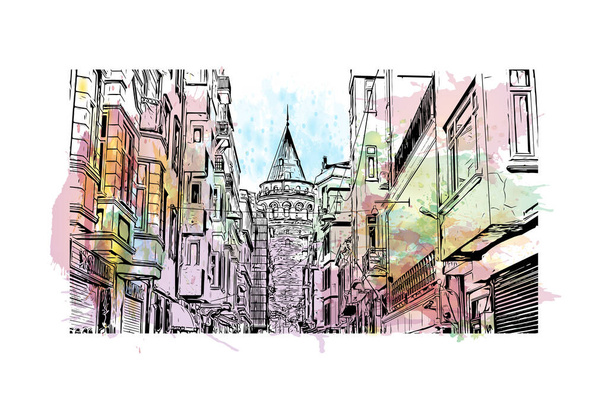 Εκτύπωση Θέα σε κτίριο με ορόσημο της Κωνσταντινούπολης είναι μια σημαντική πόλη στην Τουρκία. Υδατογραφία βουτιά με ζωγραφισμένα στο χέρι εικονογράφηση σκίτσο στο διάνυσμα. - Διάνυσμα, εικόνα