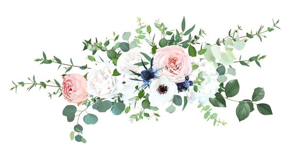 Blush pink garden roses, anemone, ranunculus, hydrangea flowers vector design bouquet - Διάνυσμα, εικόνα