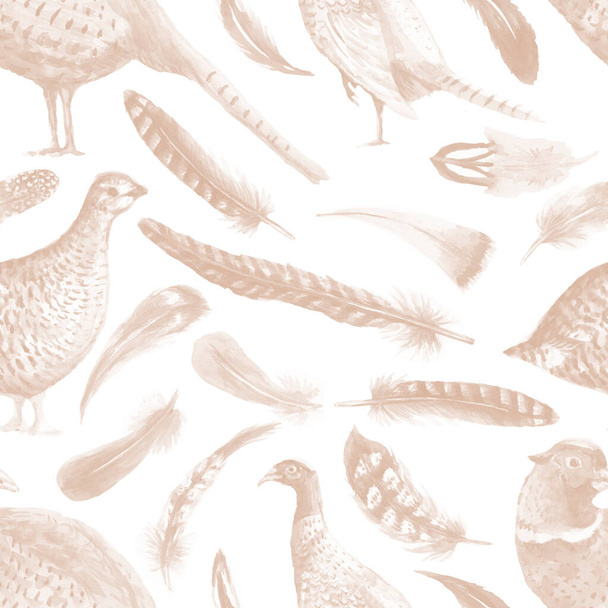 Pheasant partridge bird feathers watercolor hand drawn illustration. Print textile vintage patern seamless clipart set - Foto, Imagem