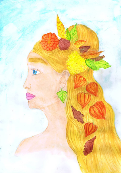 Portrait of a girl with autumn leaves in her hair. Children's drawing, mixed technique - Foto, immagini