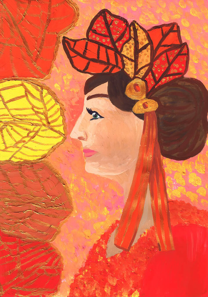 Portrait of a woman in red colors. Children's drawing, mixed technique - Foto, imagen