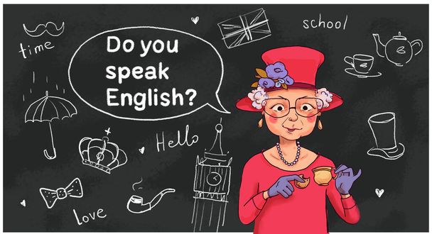 Englantilainen nainen juo teetä ja kysyy "Puhutko englantia?". Englanti oppimisen käsite. - Valokuva, kuva