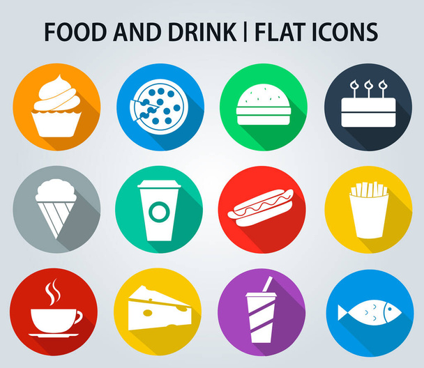 Комплект еды и напитков иконы в плоской - Вектор,изображение