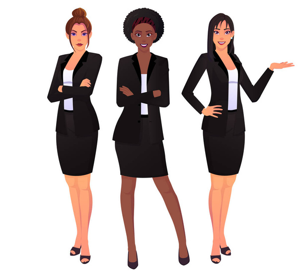Business naiset yllään mustat puvut toiminnassa Pose. Valkoihoinen, aasialainen, ja musta Corporate Woman - Vektori, kuva